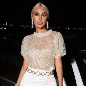 NWT Puff Sleeve Sequin champagne beige nude Top XS